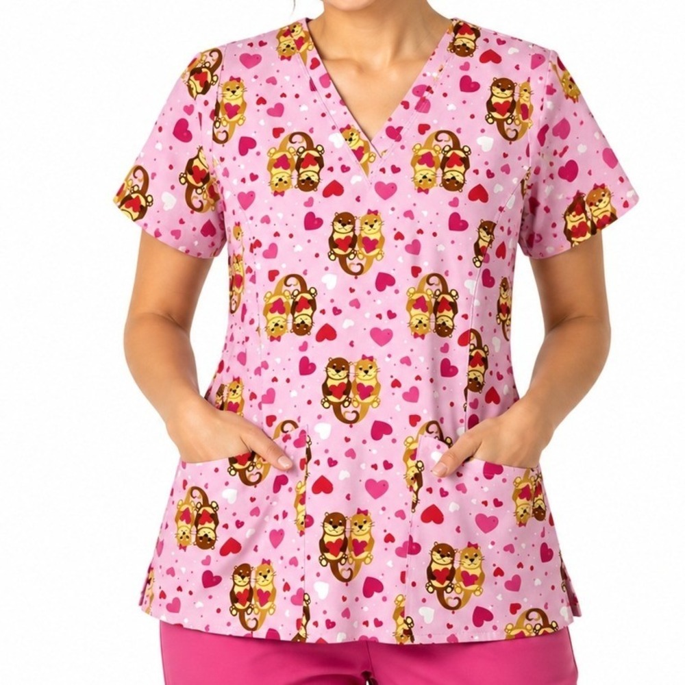 Maevn Scrub Top Women XS Pink Otter Heart Print V-Neck Medical Uniform